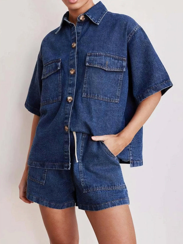 Button up short sleeve top and shorts denim set, women's casual denim outfit, comfortable two-piece set, buttoned top, denim shorts, practical pockets, non-stretch cotton blend, stylish summer wear, easy everyday ensemble