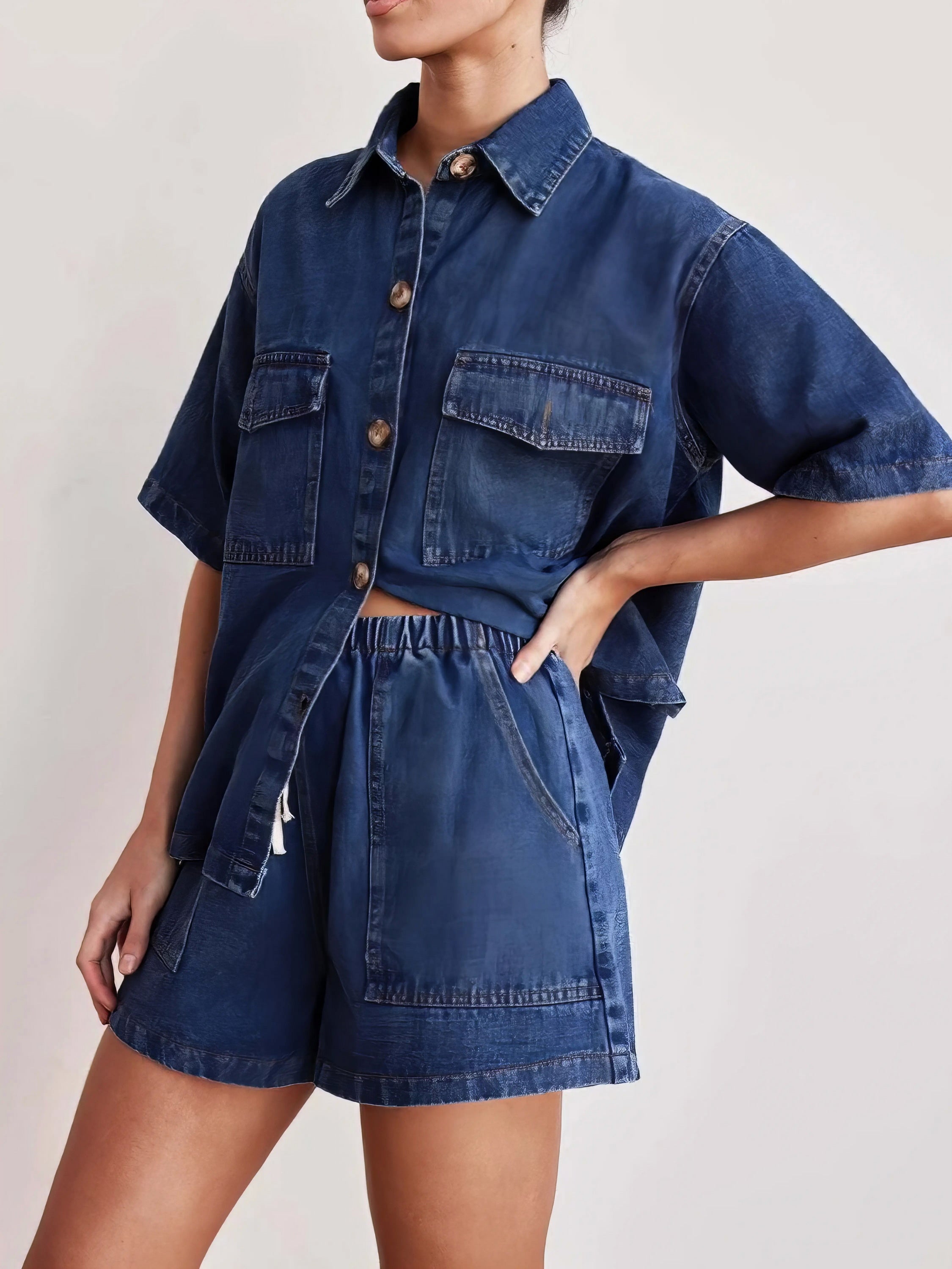 Button up short sleeve top and shorts denim set, women's casual denim outfit, comfortable two-piece set, buttoned top, denim shorts, practical pockets, non-stretch cotton blend, stylish summer wear, easy everyday ensemble