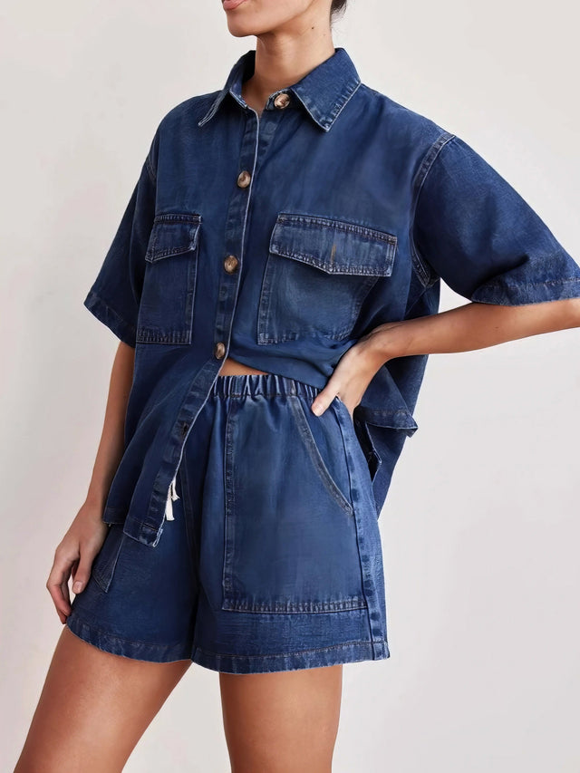 Button up short sleeve top and shorts denim set, women's casual denim outfit, comfortable two-piece set, buttoned top, denim shorts, practical pockets, non-stretch cotton blend, stylish summer wear, easy everyday ensemble