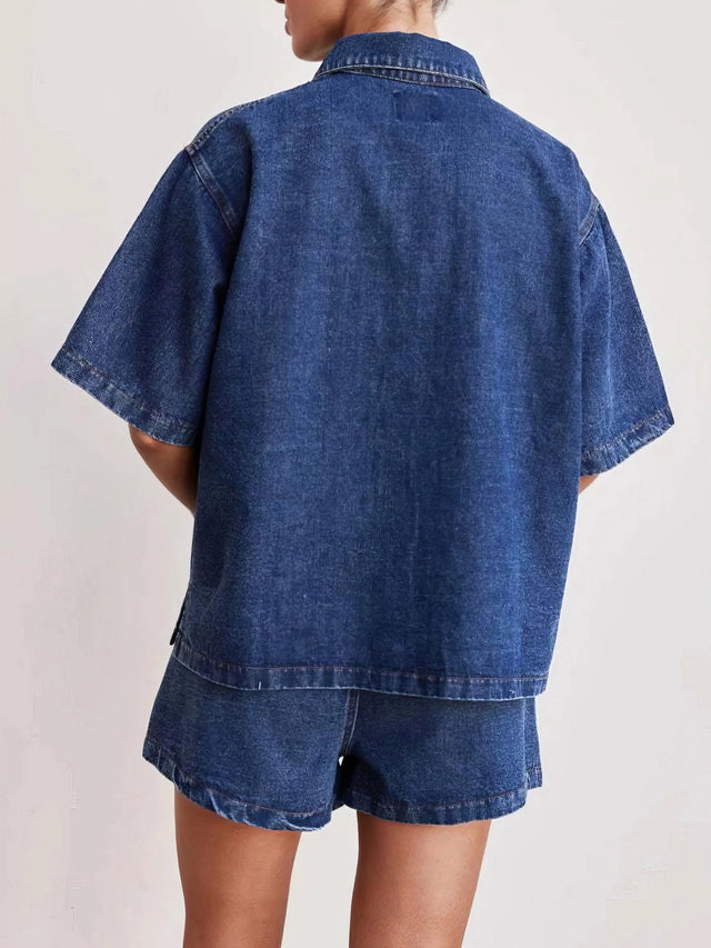 Button up short sleeve top and shorts denim set, women's casual denim outfit, comfortable two-piece set, buttoned top, denim shorts, practical pockets, non-stretch cotton blend, stylish summer wear, easy everyday ensemble