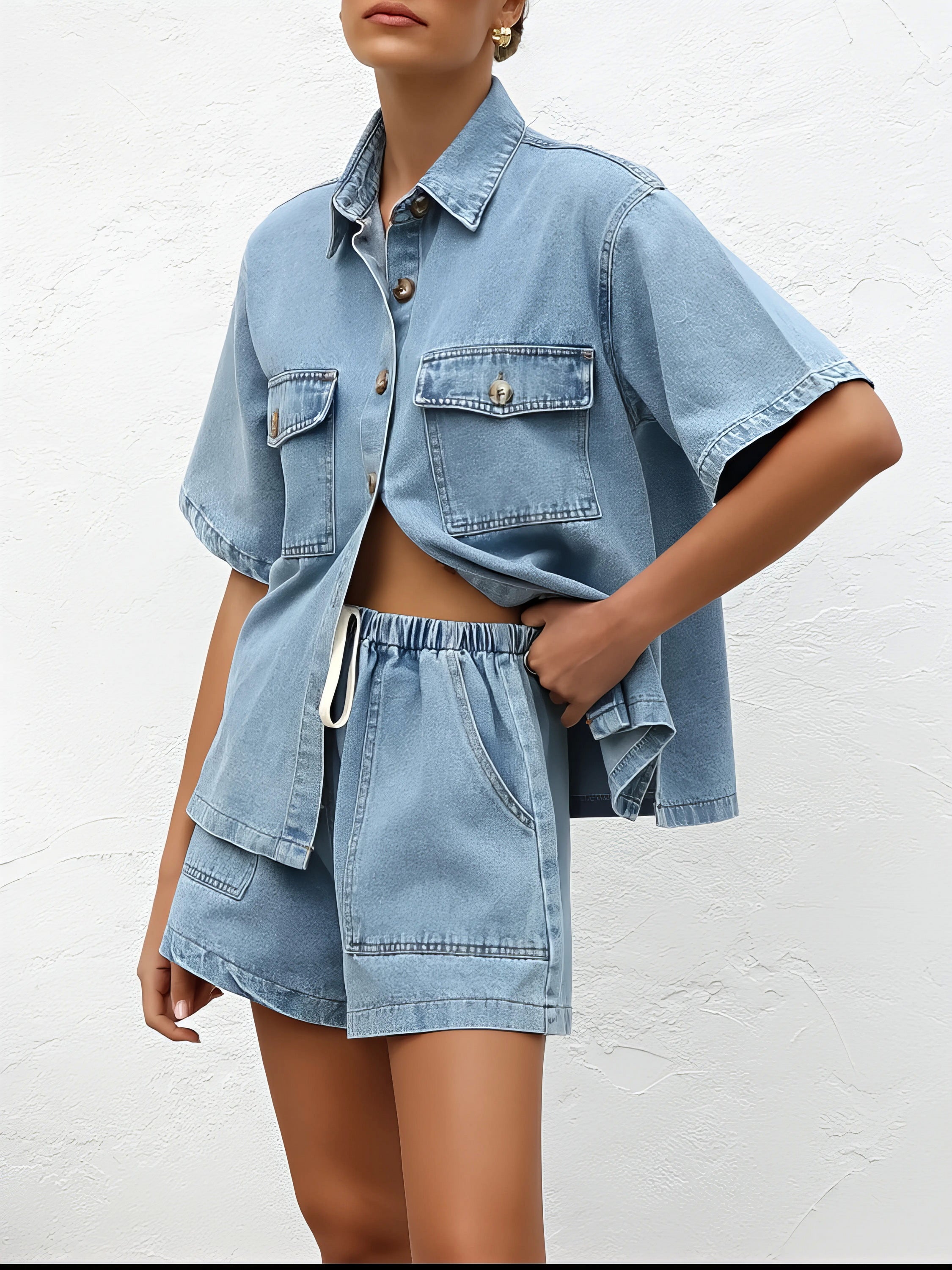 Button up short sleeve top and shorts denim set, women's casual denim outfit, comfortable two-piece set, buttoned top, denim shorts, practical pockets, non-stretch cotton blend, stylish summer wear, easy everyday ensemble