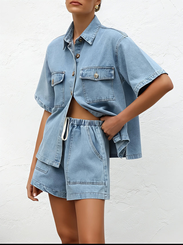 Button up short sleeve top and shorts denim set, women's casual denim outfit, comfortable two-piece set, buttoned top, denim shorts, practical pockets, non-stretch cotton blend, stylish summer wear, easy everyday ensemble