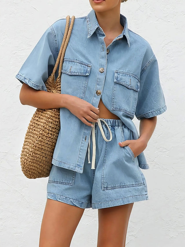 Button up short sleeve top and shorts denim set, women's casual denim outfit, comfortable two-piece set, buttoned top, denim shorts, practical pockets, non-stretch cotton blend, stylish summer wear, easy everyday ensemble