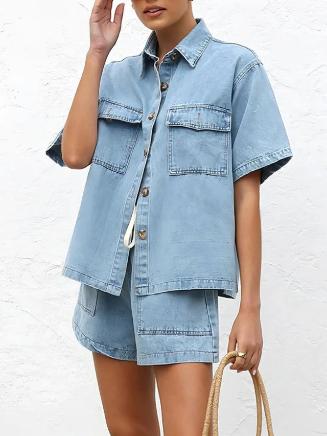 Button up short sleeve top and shorts denim set, women's casual denim outfit, comfortable two-piece set, buttoned top, denim shorts, practical pockets, non-stretch cotton blend, stylish summer wear, easy everyday ensemble