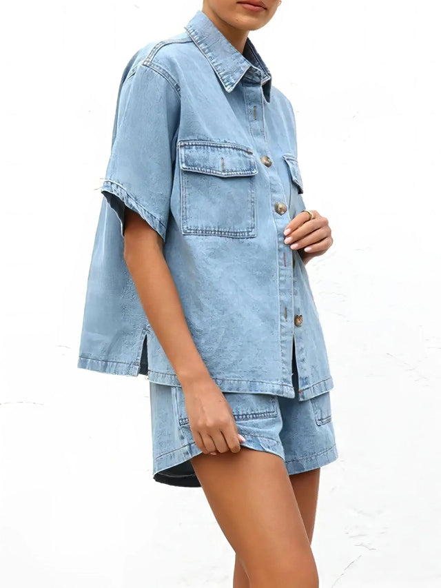 Button up short sleeve top and shorts denim set, women's casual denim outfit, comfortable two-piece set, buttoned top, denim shorts, practical pockets, non-stretch cotton blend, stylish summer wear, easy everyday ensemble