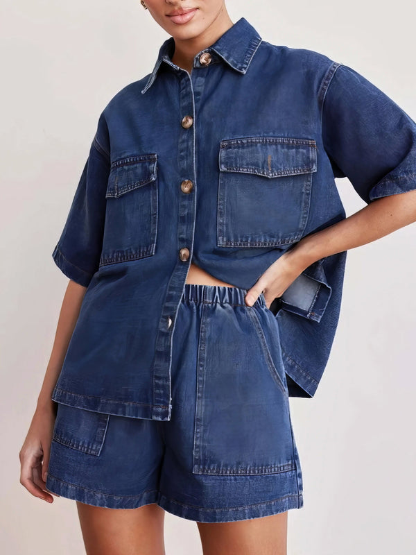 Button up short sleeve top and shorts denim set, women's casual denim outfit, comfortable two-piece set, buttoned top, denim shorts, practical pockets, non-stretch cotton blend, stylish summer wear, easy everyday ensemble