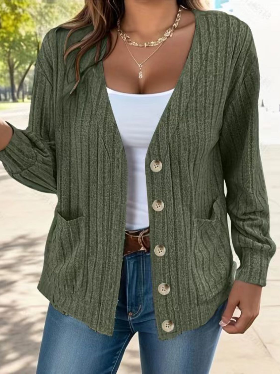 Full size button up V-neck long sleeve cardigan with pockets.