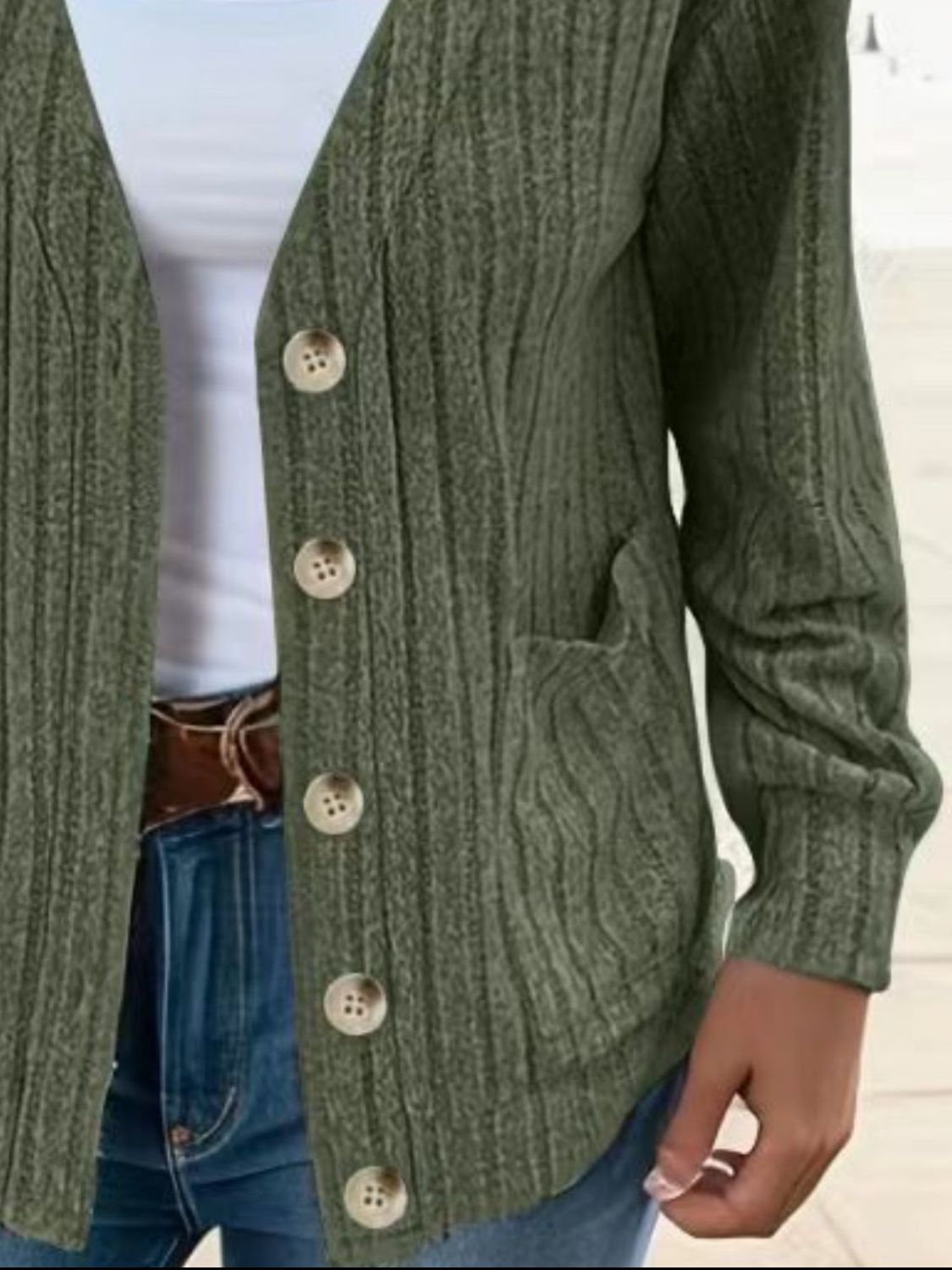 Full size button up V-neck long sleeve cardigan with pockets.