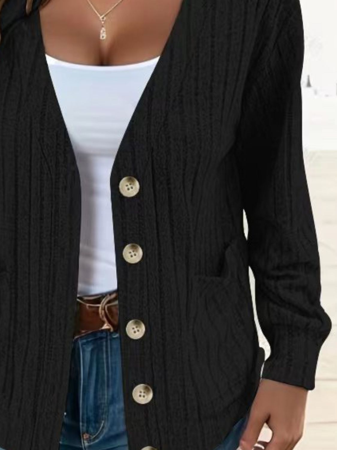 Full size button up V-neck long sleeve cardigan with pockets.