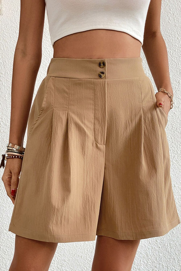 Buttoned elastic waist pleated detail shorts.