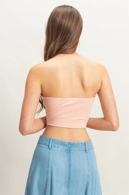 Buttoned front strapless knit bustier top, slightly stretchy.