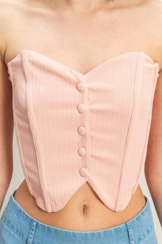 Buttoned front strapless knit bustier top, slightly stretchy.