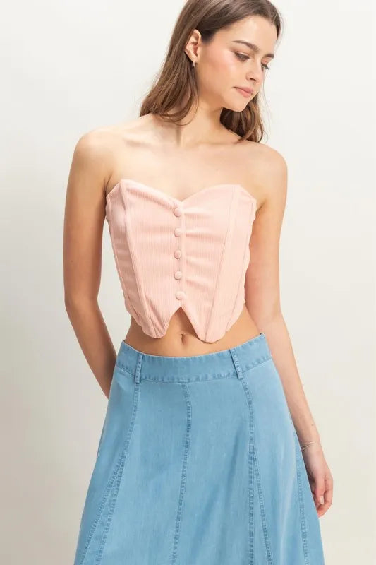 Buttoned front strapless knit bustier top, slightly stretchy.
