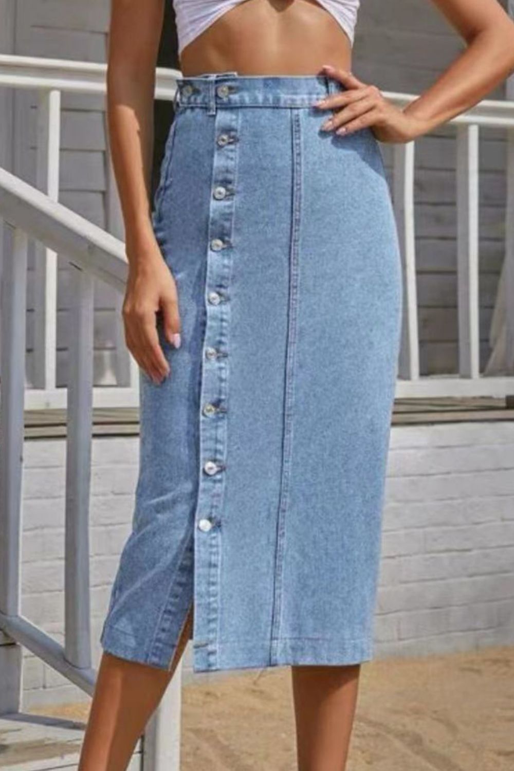 Buttoned Split Denim Skirt.