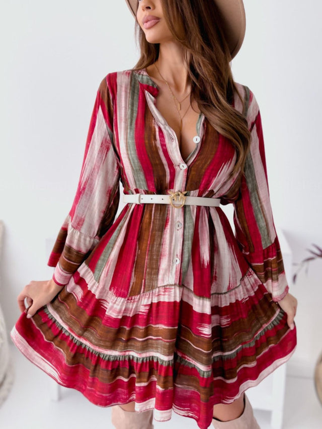 Buttoned Striped Long Sleeve Mini Dress.