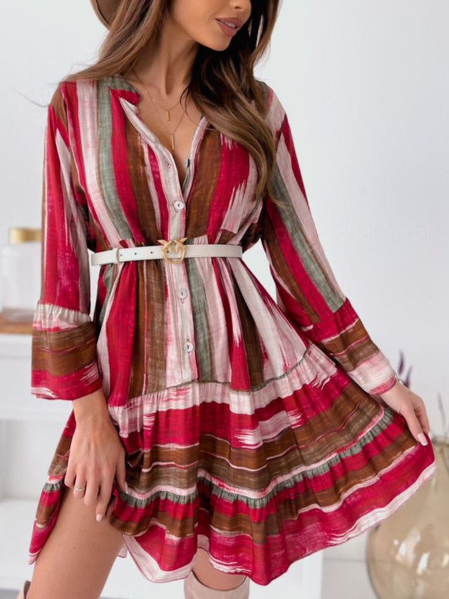 Buttoned Striped Long Sleeve Mini Dress.