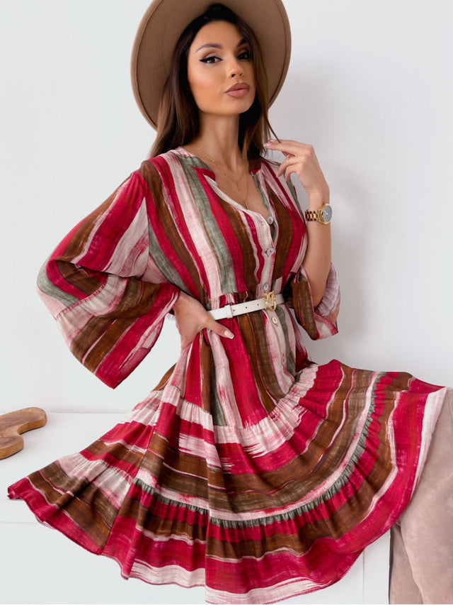 Buttoned Striped Long Sleeve Mini Dress.