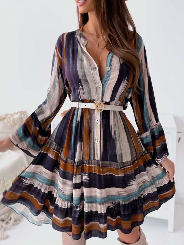 Buttoned Striped Long Sleeve Mini Dress.
