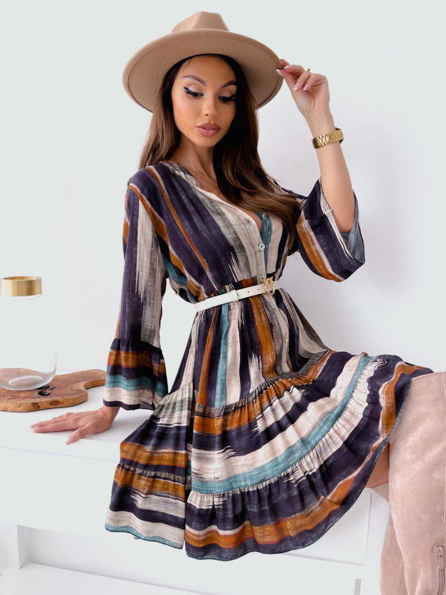 Buttoned Striped Long Sleeve Mini Dress.