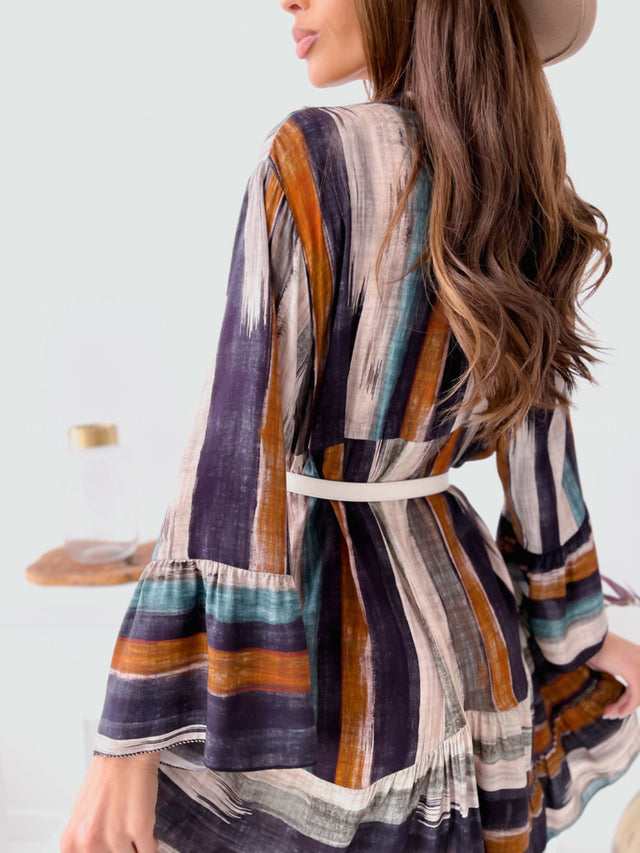 Buttoned Striped Long Sleeve Mini Dress.