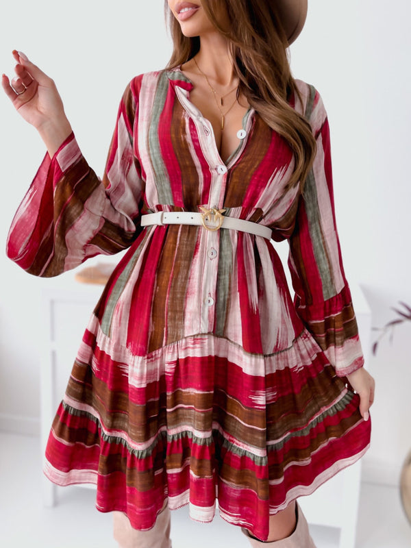Buttoned Striped Long Sleeve Mini Dress.