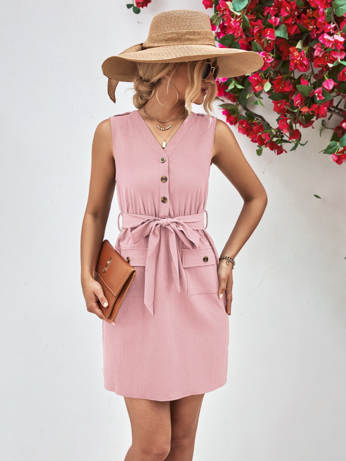 Buttoned V-Neck Belted Sleeveless Dress.