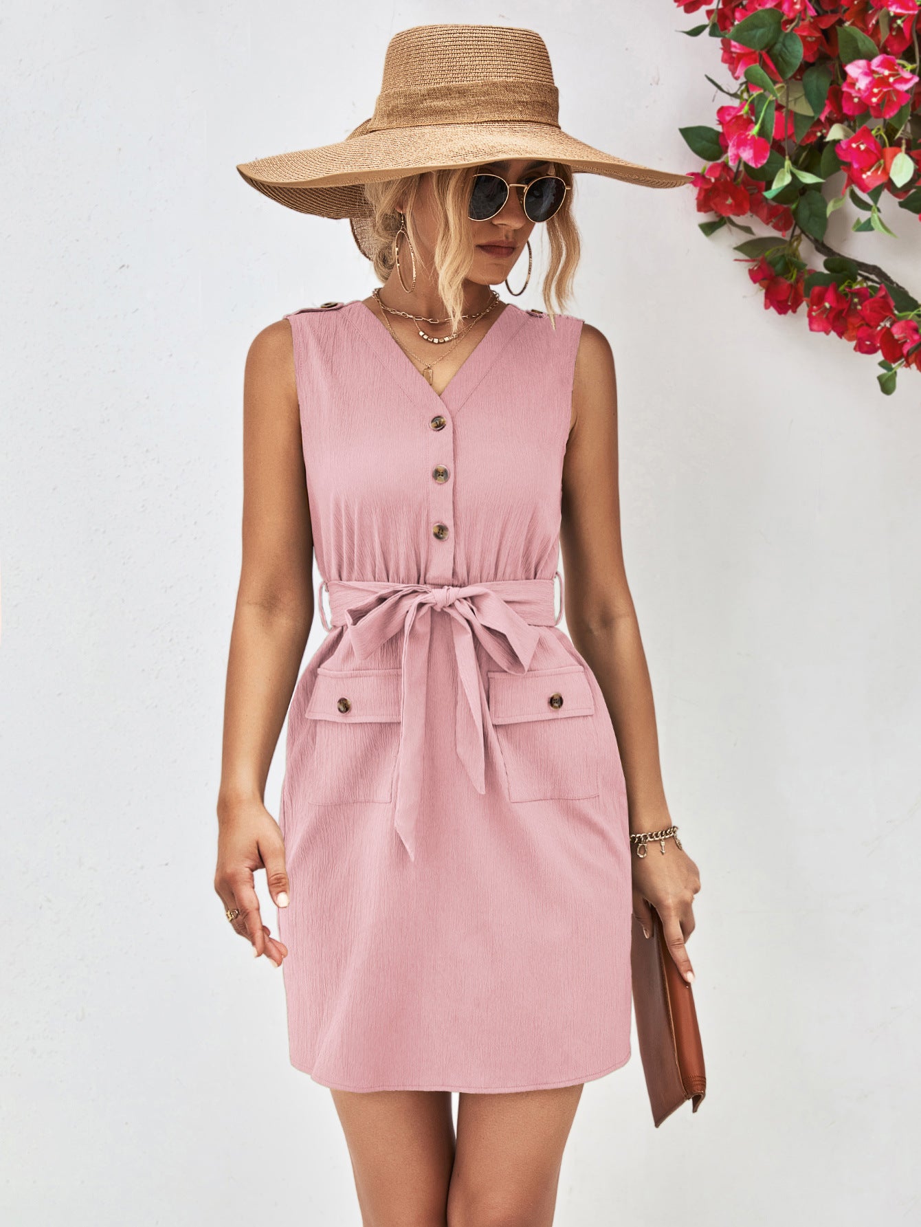 Buttoned V-Neck Belted Sleeveless Dress.