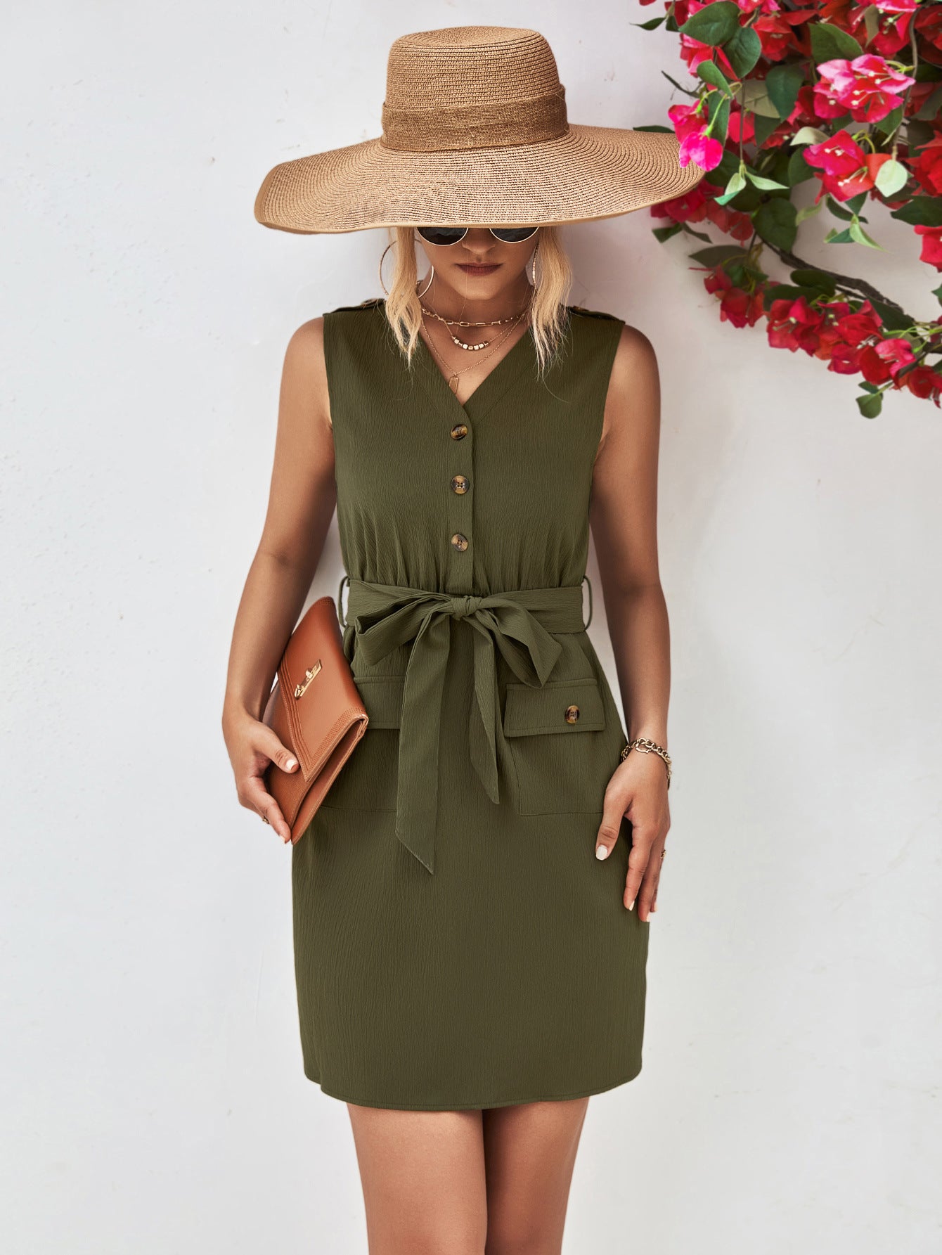 Buttoned V-Neck Belted Sleeveless Dress.