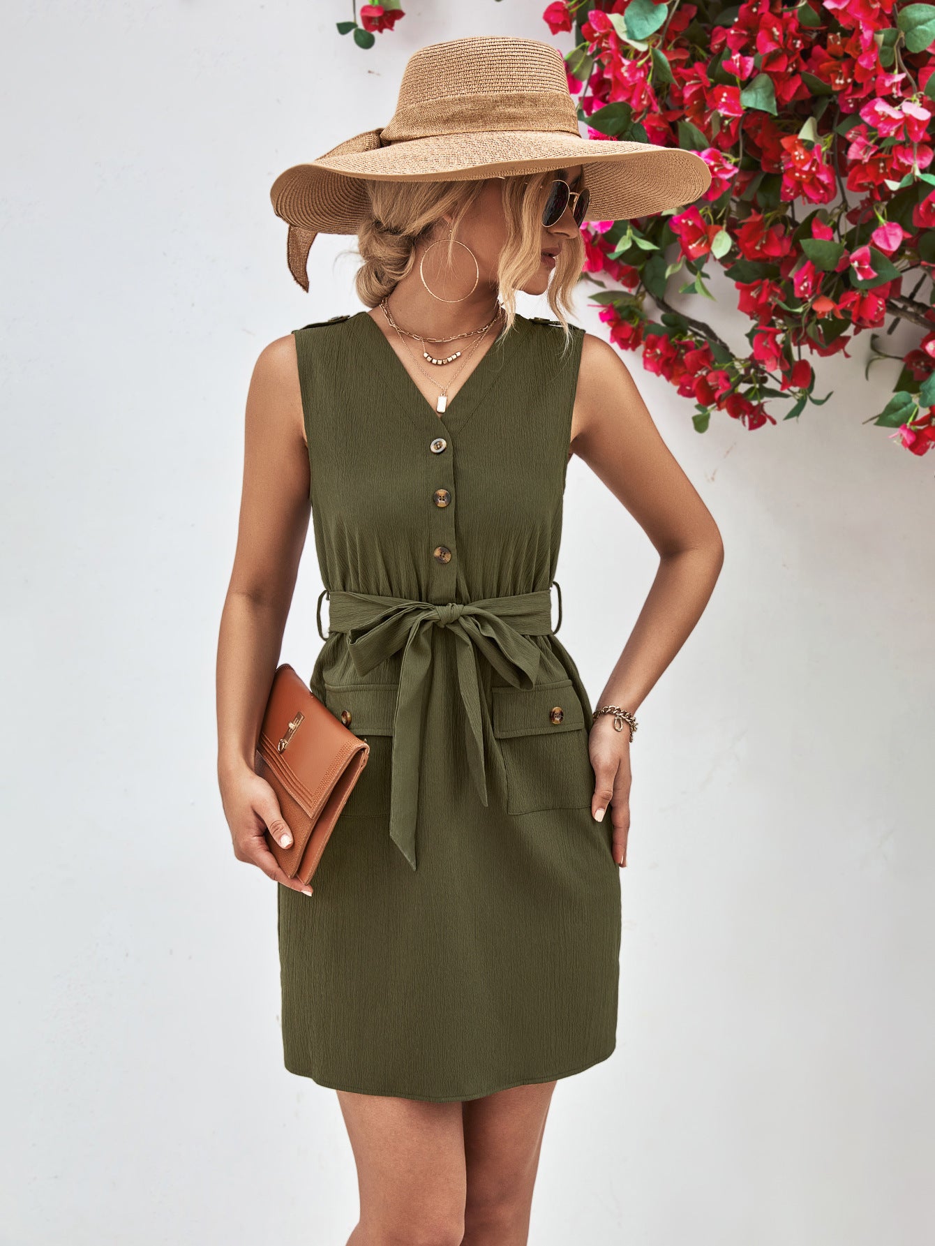 Buttoned V-Neck Belted Sleeveless Dress.