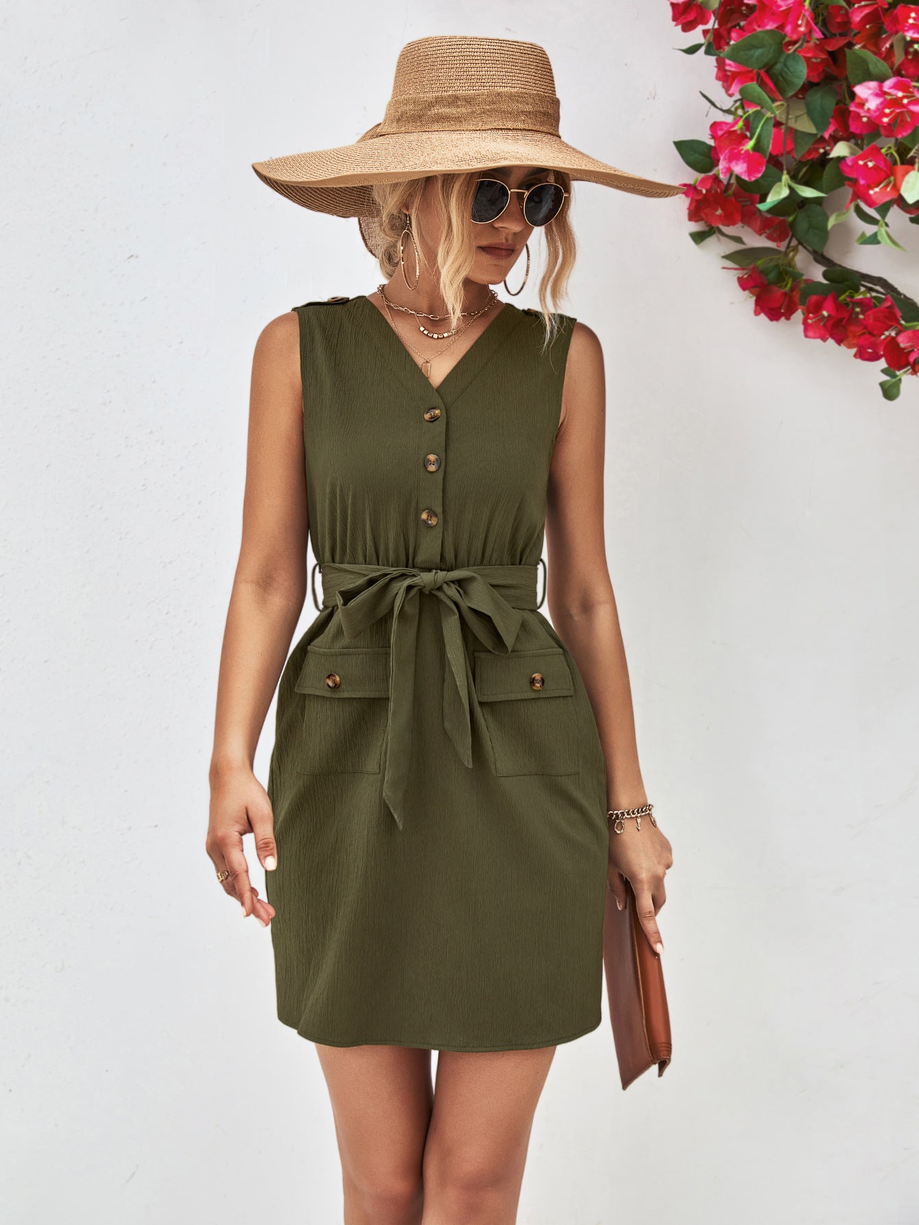 Buttoned V-Neck Belted Sleeveless Dress.