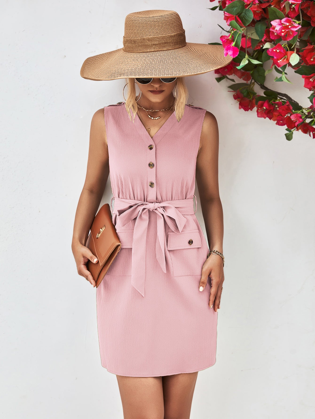 Buttoned V-Neck Belted Sleeveless Dress.