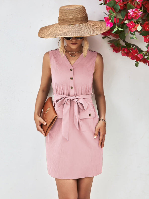 Buttoned V-Neck Belted Sleeveless Dress.
