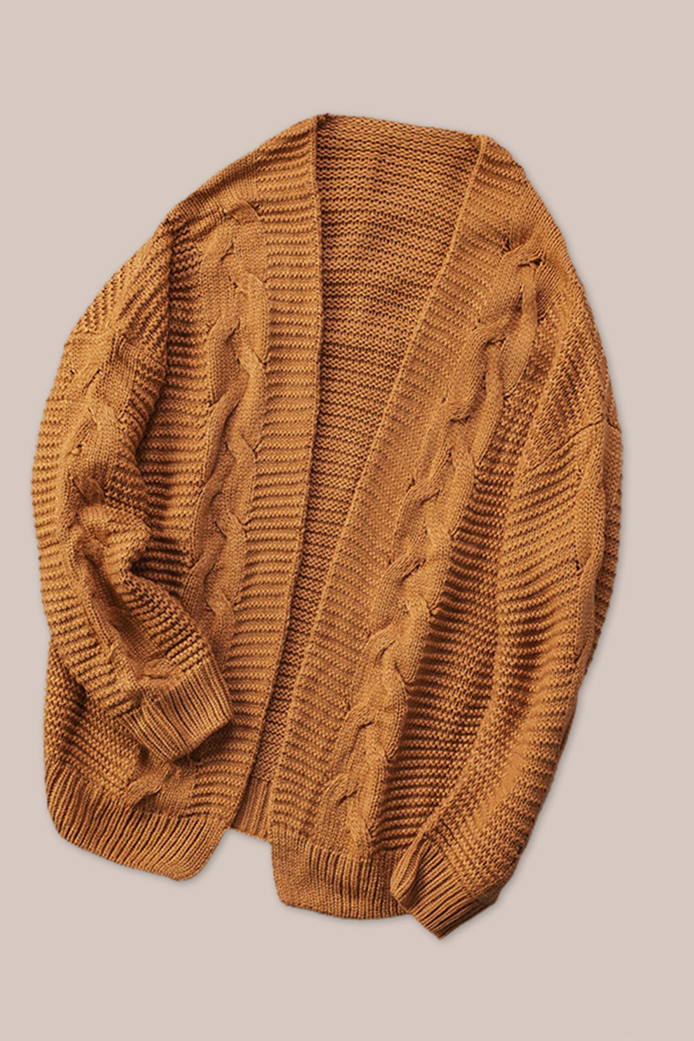 Cable-knit open front cardigan.