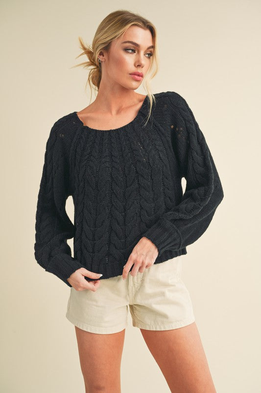 Aemi & Co. cable-knit openwork round neck sweater.