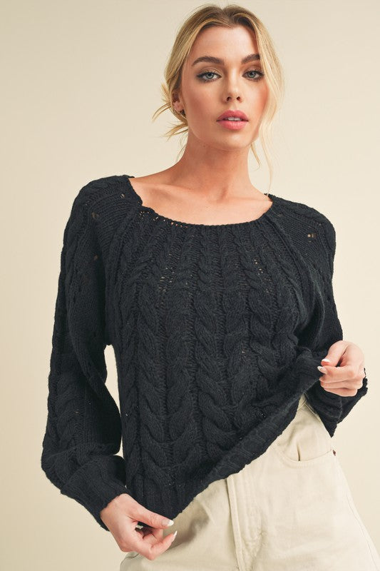 Aemi & Co. cable-knit openwork round neck sweater.