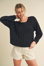 Aemi & Co. cable-knit openwork round neck sweater.