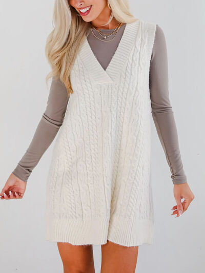 Lovelet Cable Knit V-Neck Mini Sweater Overall Dress.