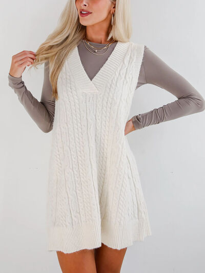 Lovelet Cable Knit V-Neck Mini Sweater Overall Dress.