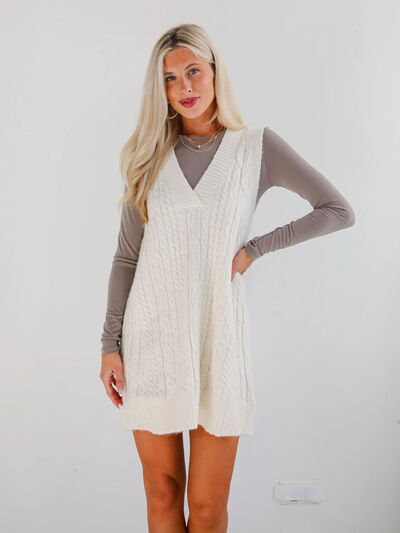 Lovelet Cable Knit V-Neck Mini Sweater Overall Dress.