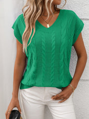 Cable-knit V-neck short sleeve knit top.