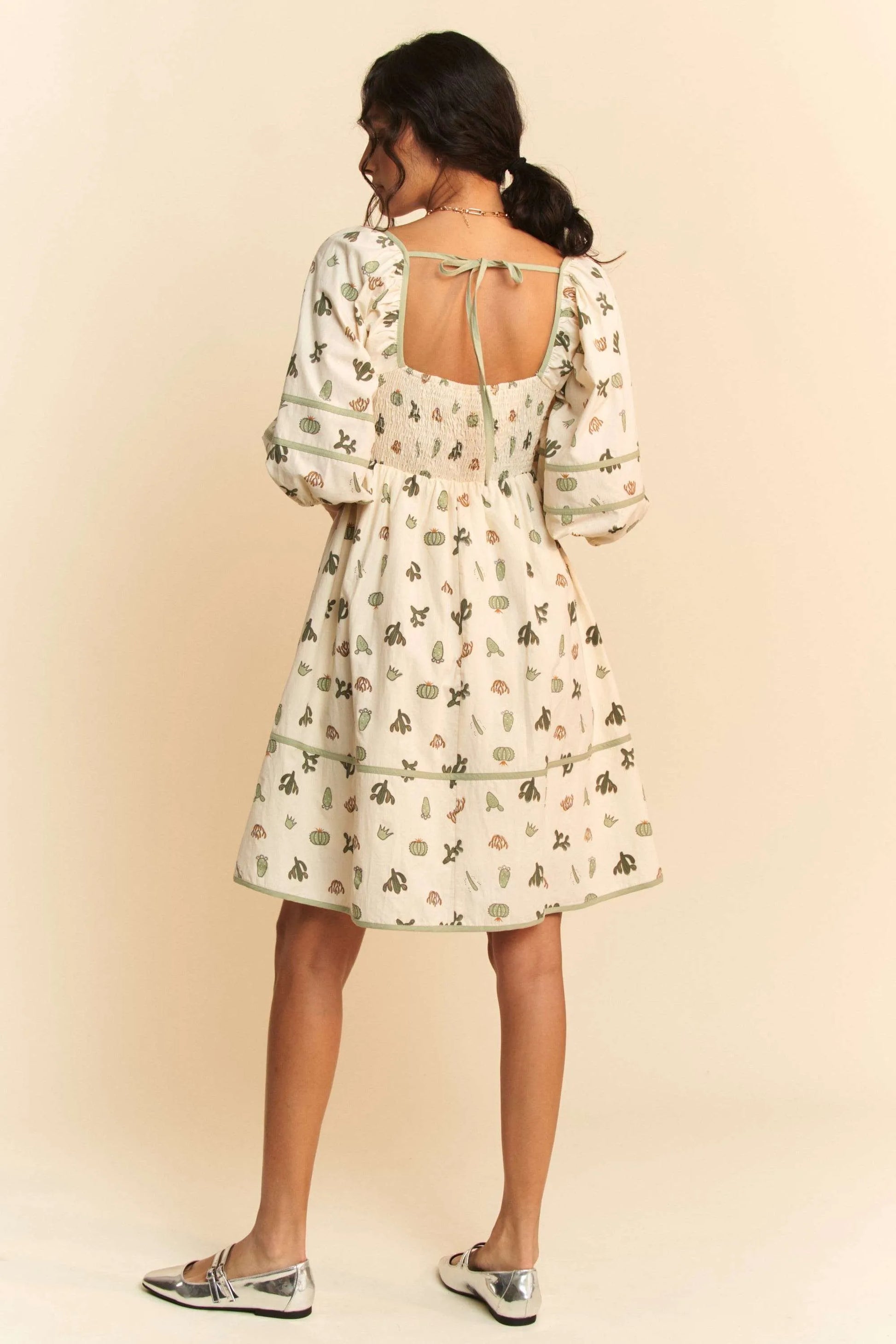 Davi Dani Cactus Printed Poplin Contrast Piping Mini Dress.