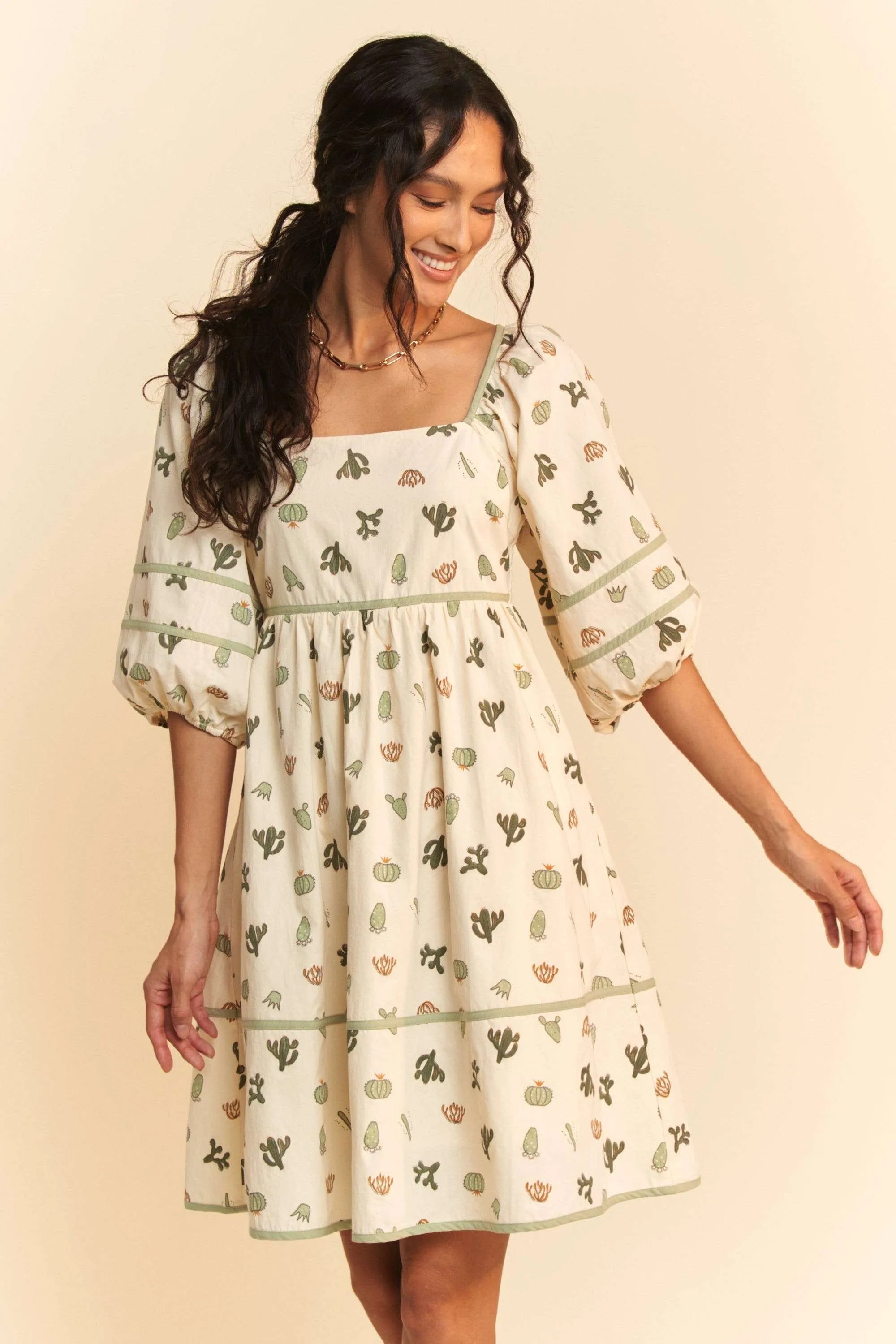 Davi Dani Cactus Printed Poplin Contrast Piping Mini Dress.