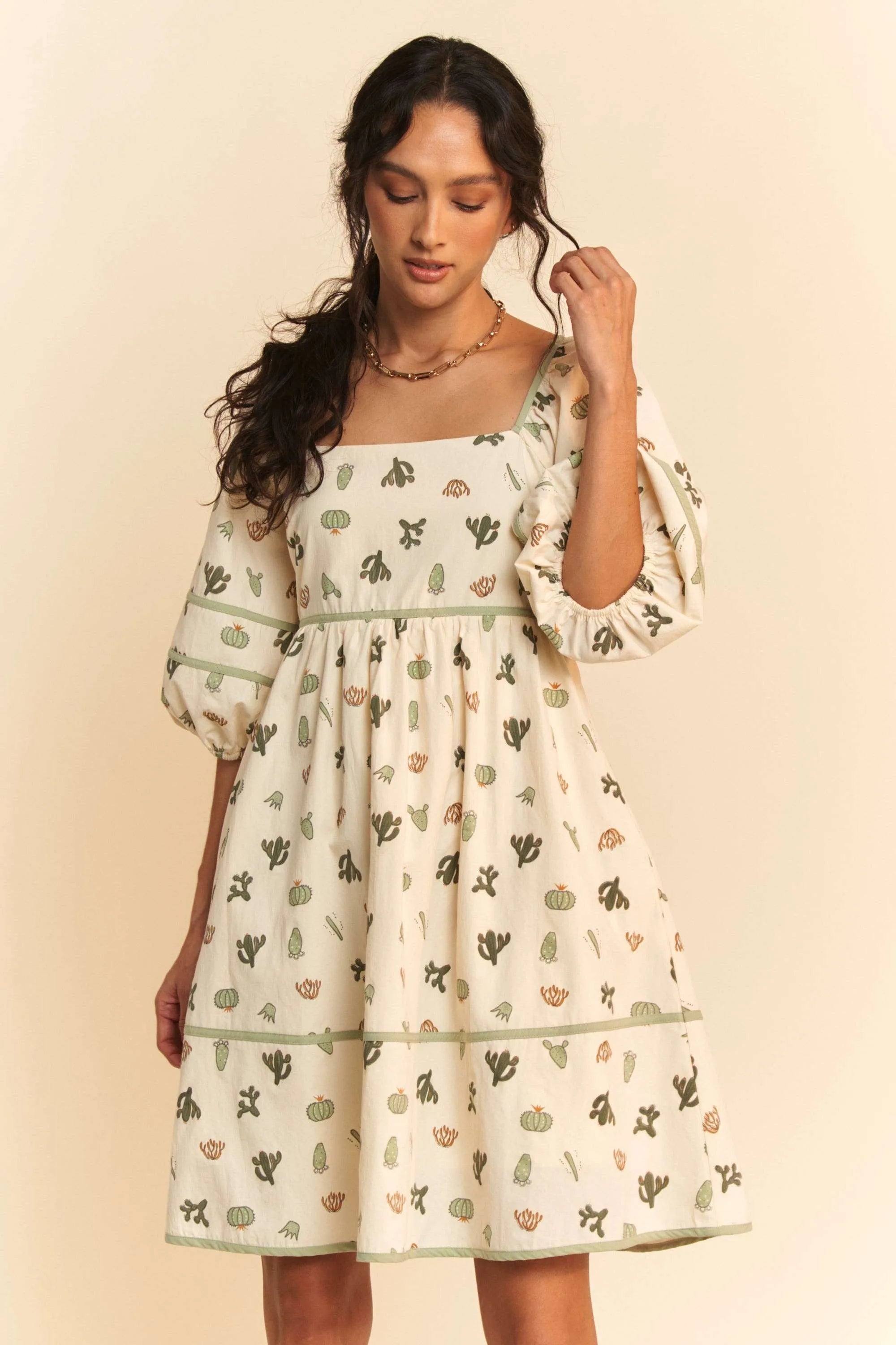 Davi Dani Cactus Printed Poplin Contrast Piping Mini Dress.