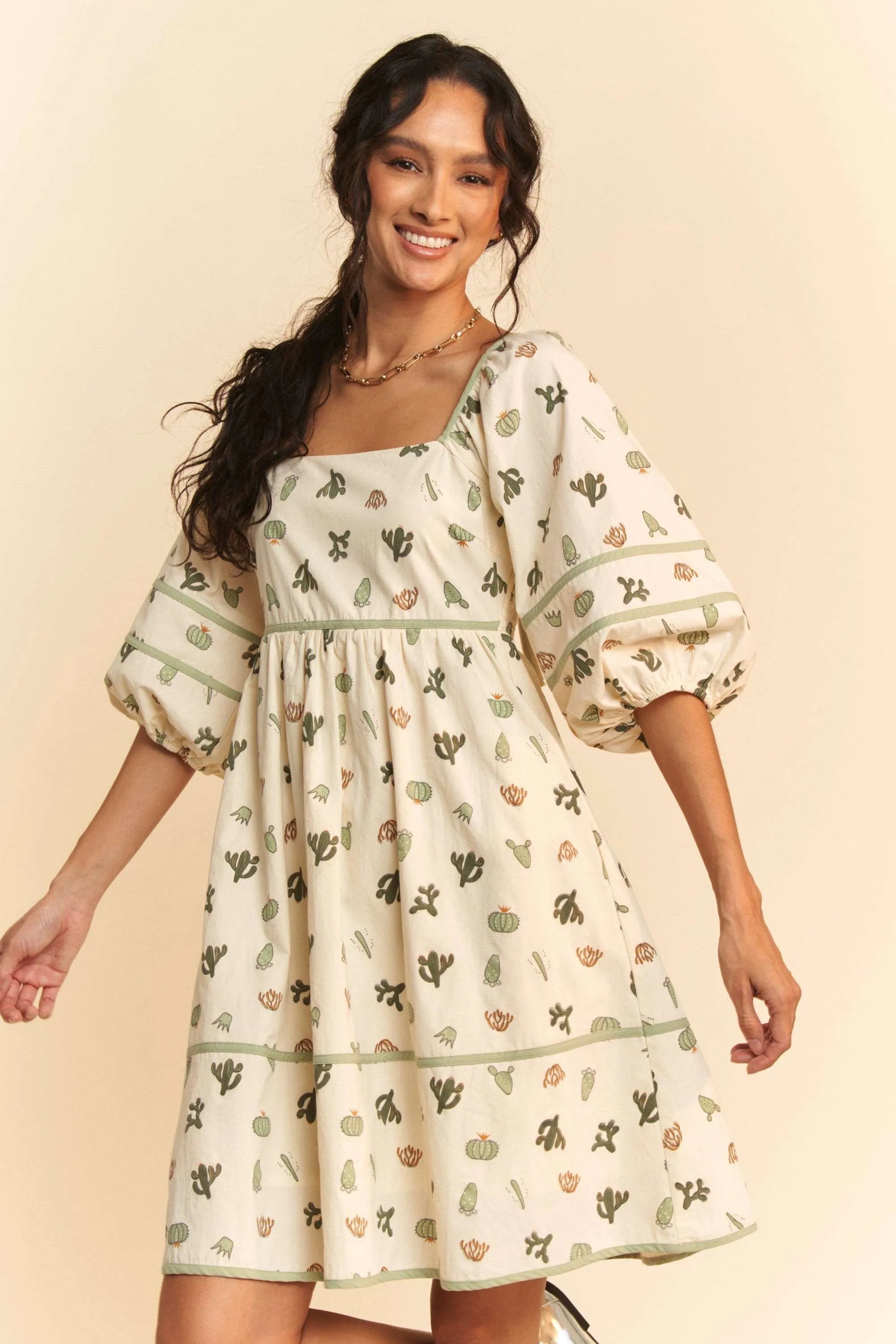 Davi Dani Cactus Printed Poplin Contrast Piping Mini Dress.
