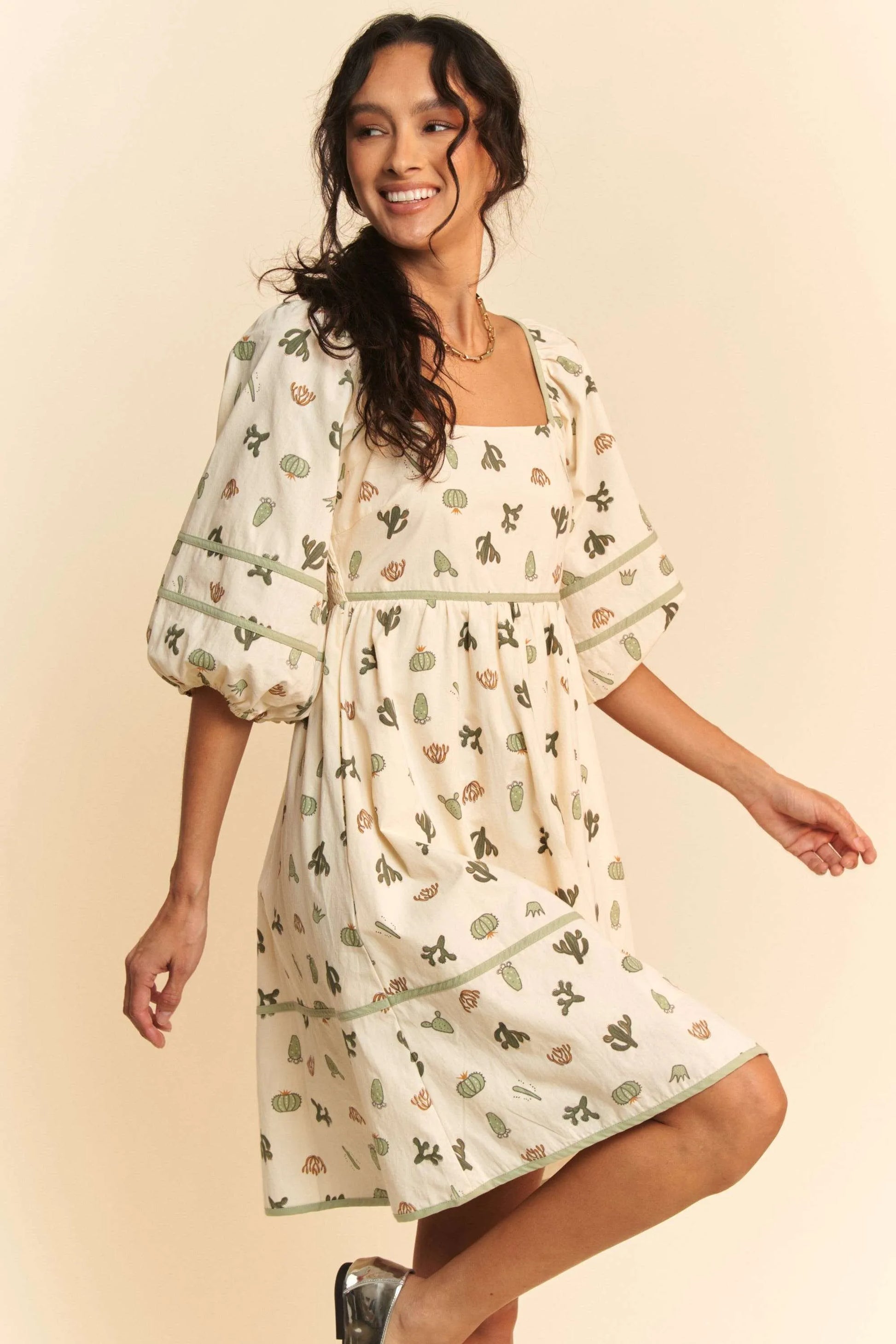 Davi Dani Cactus Printed Poplin Contrast Piping Mini Dress.
