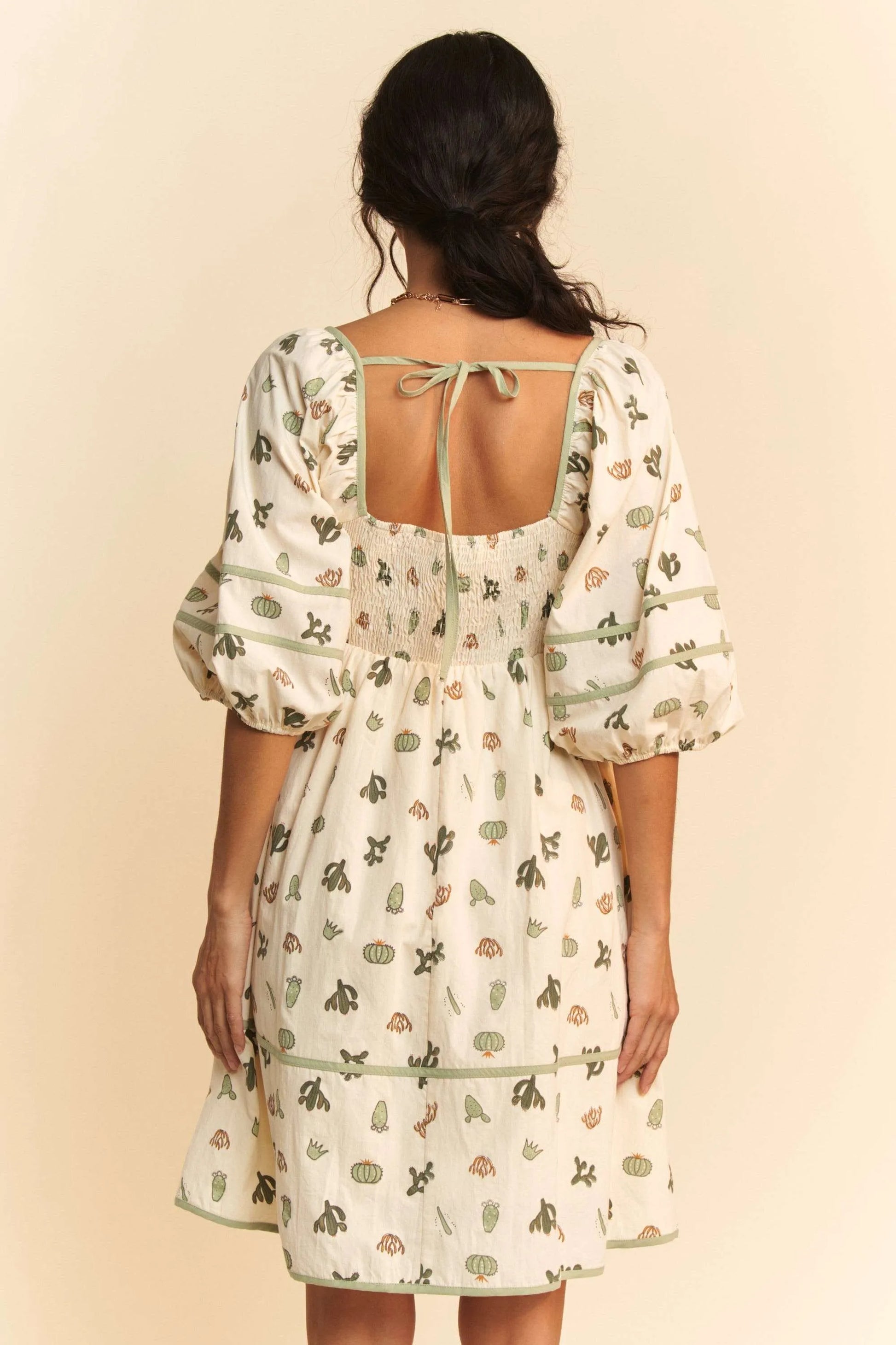 Davi Dani Cactus Printed Poplin Contrast Piping Mini Dress.