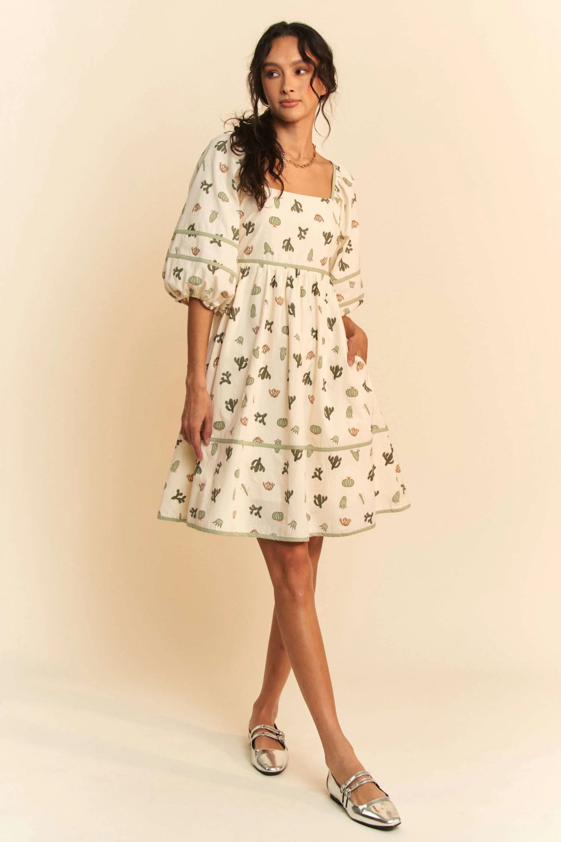 Davi Dani Cactus Printed Poplin Contrast Piping Mini Dress.