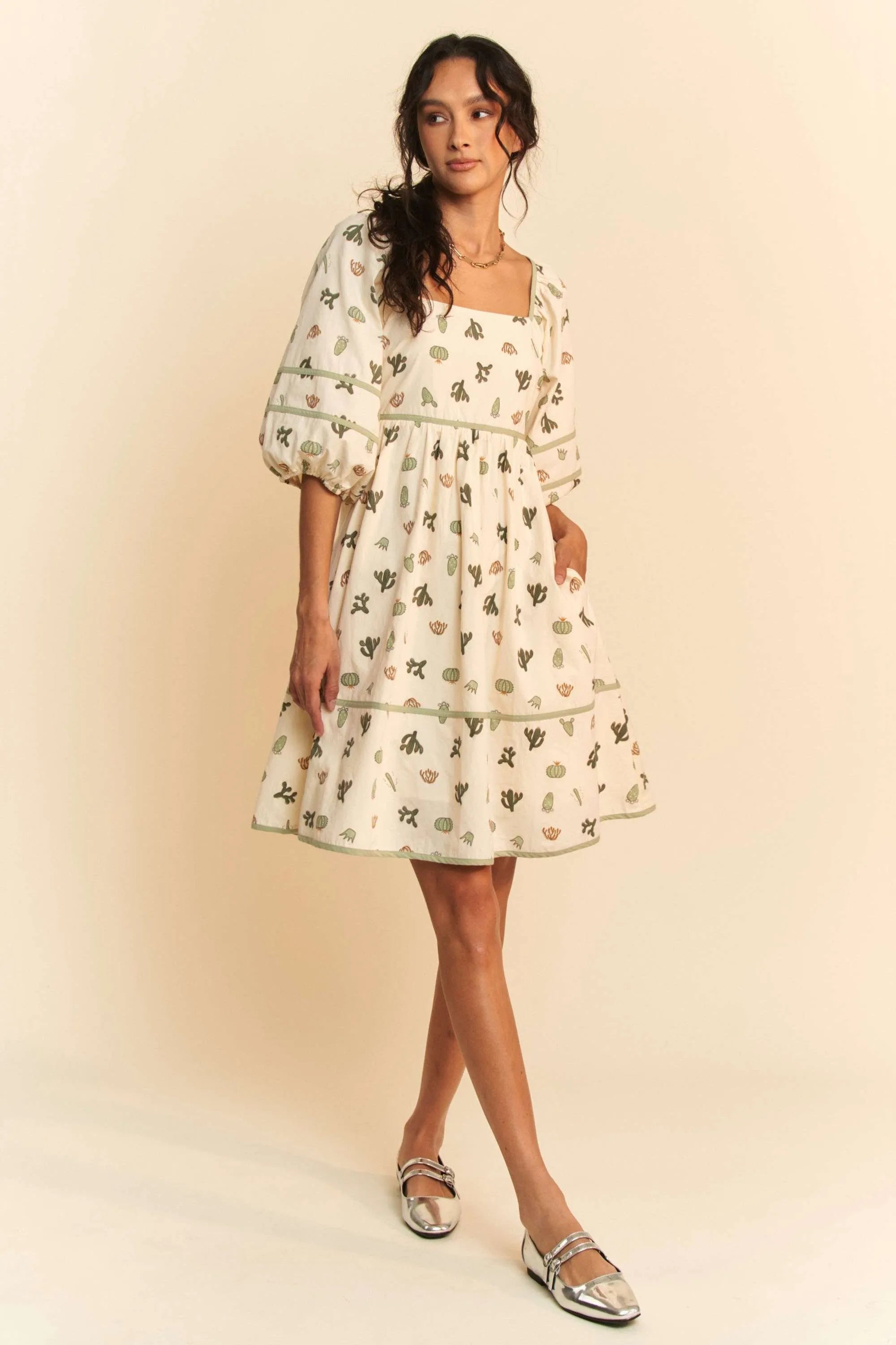Davi Dani Cactus Printed Poplin Contrast Piping Mini Dress.