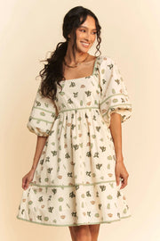 Davi Dani Cactus Printed Poplin Contrast Piping Mini Dress.