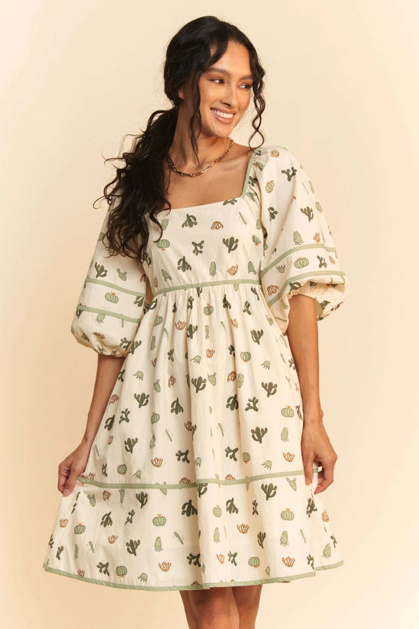 Davi Dani Cactus Printed Poplin Contrast Piping Mini Dress.